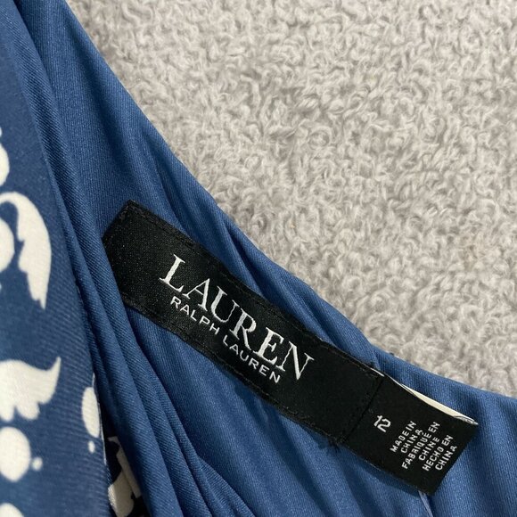 NEW Lauren Ralph Lauren Womens 12 One-Shoulder Midi Dress Blue & White Printed - Picture 4 of 11